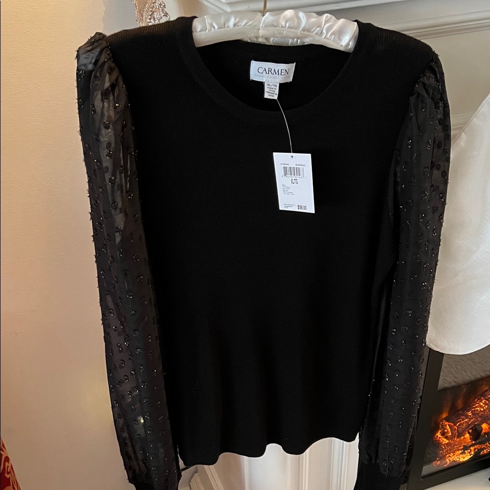 Carmen Marc Valvo Black Top with Beaded Sleeves